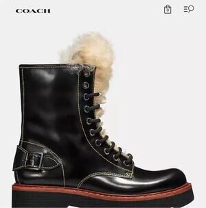 Coach Womens 7.5 Black Leather Moto Hiker Ankle Boots Shearling Platform NEW
